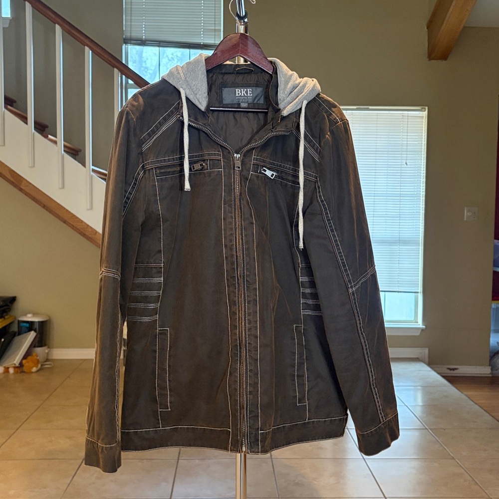 BKE Men's Dark Brown Jacket with Light Gray Hood